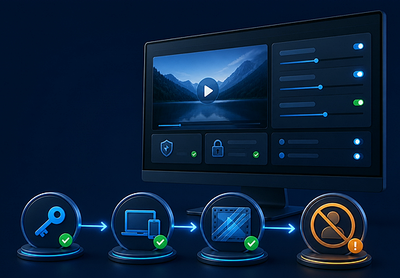 Video DRM setup workflow for password, device binding, watermarking, and blacklist control
