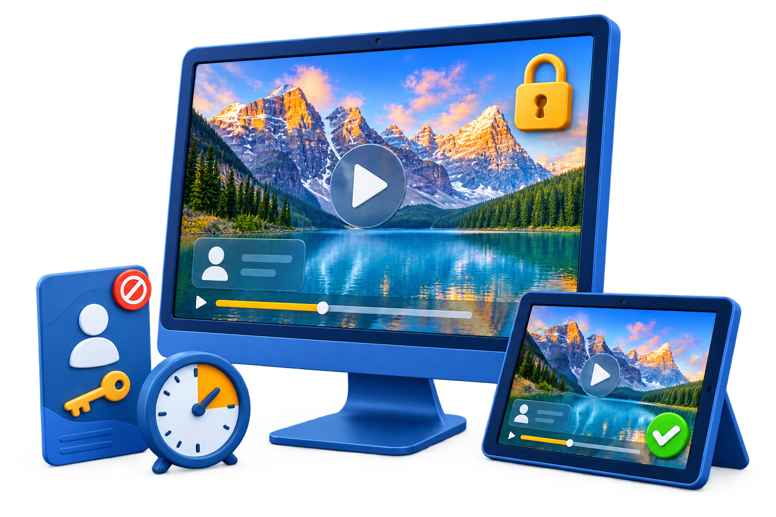 GiliSoft Video DRM Protection illustration showing authorized device playback, viewer watermarks, expiration, and access revocation