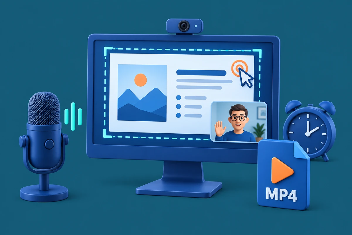 Screen recording illustration with a capture area, webcam overlay, microphone, scheduled recording clock and MP4 output
