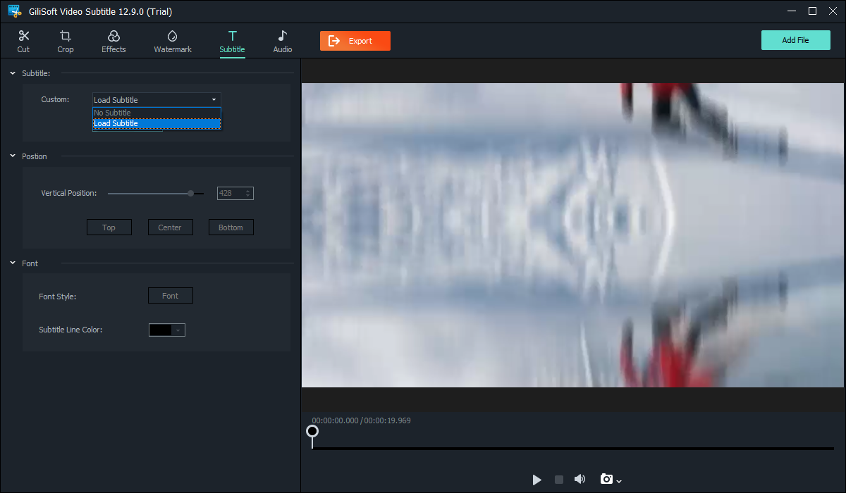 GiliSoft Video Subtitle workspace with Load Subtitle, position, font, color, and Export