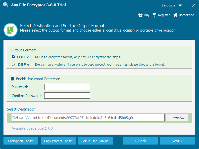 Choose GFX or EXE output, enable password protection, and set a destination