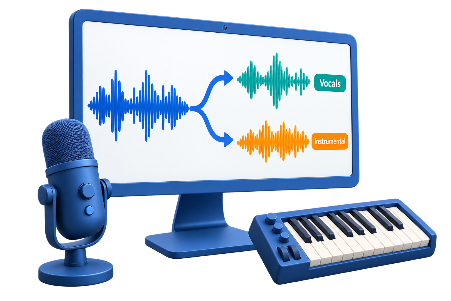 Matte blue 3D illustration showing a song separated into vocals and instrumental accompaniment