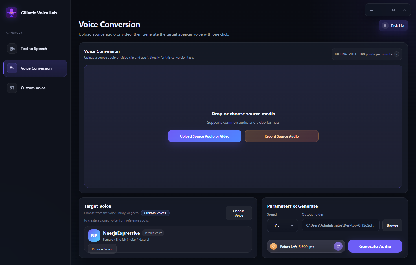 GiliSoft VoiceLab voice conversion screen with source upload, recording, and target voice selection