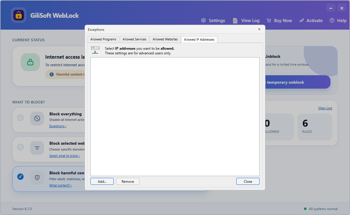 Allow trusted IP addresses in GiliSoft WebLock