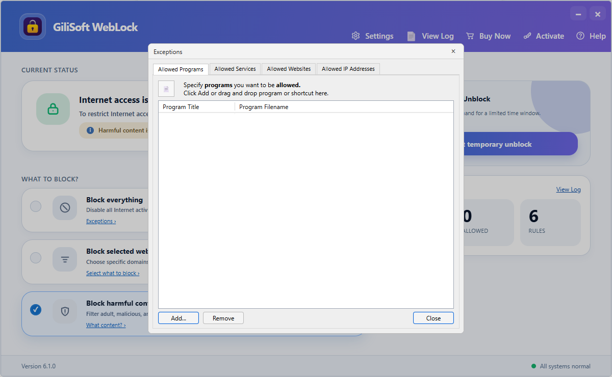 Allow trusted Windows programs in GiliSoft WebLock