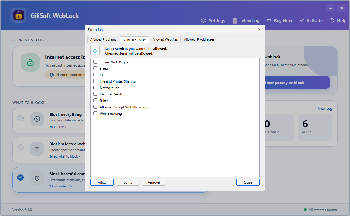 Allow required network services in GiliSoft WebLock