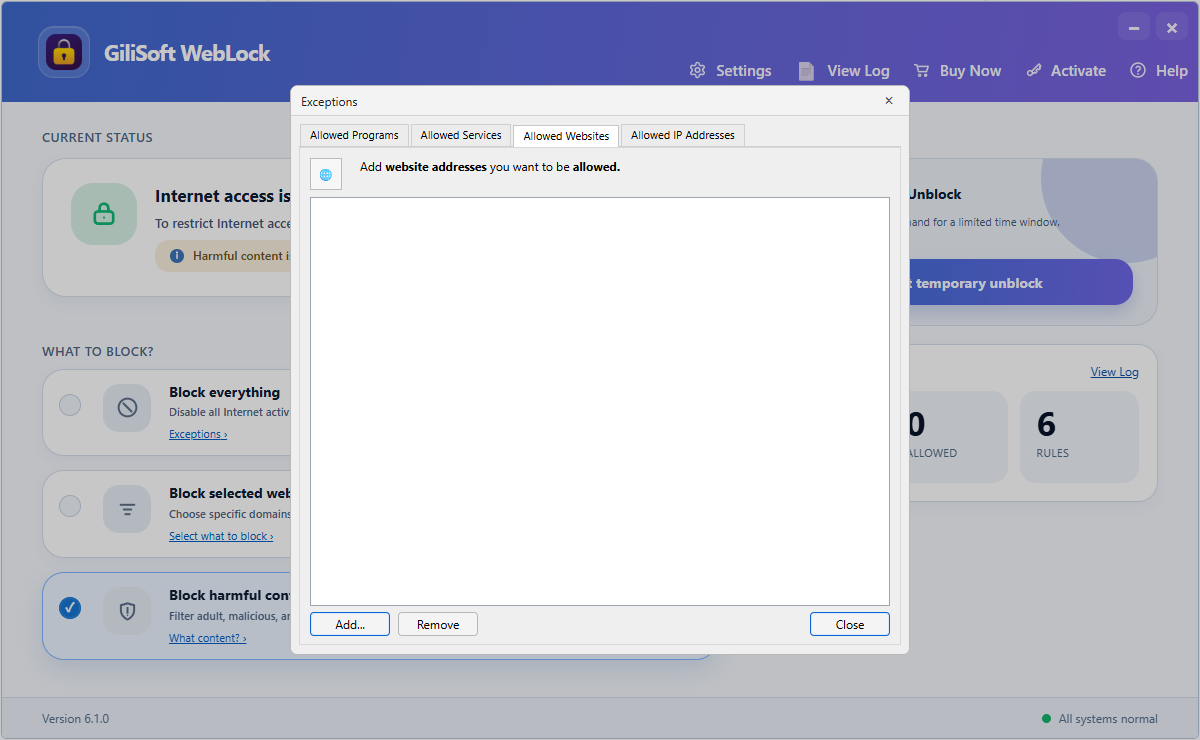 Allow selected websites in GiliSoft WebLock