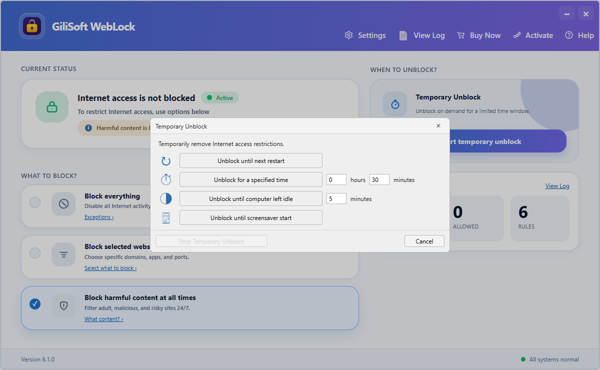 Temporarily unlock internet access in GiliSoft WebLock